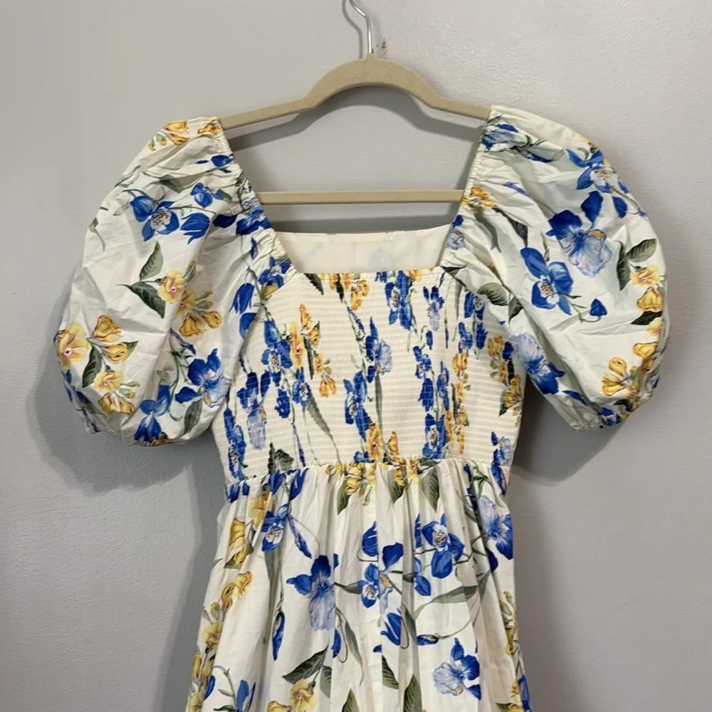 Floral Puff-Sleeve Maxi Dress - White with Blue & Yellow Blooms - Picture 6 of 9